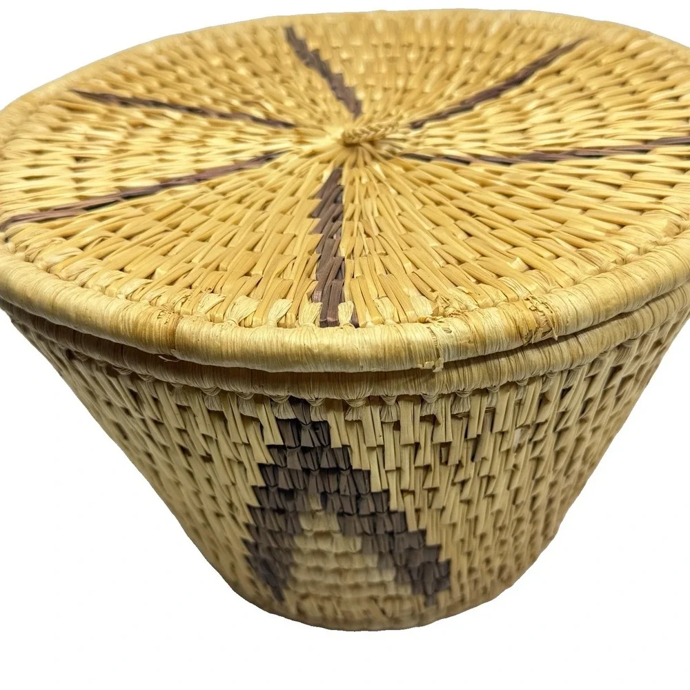 African Lidded Basket Handwoven Raffia Geometric Boho Afrohemian Decor Storage